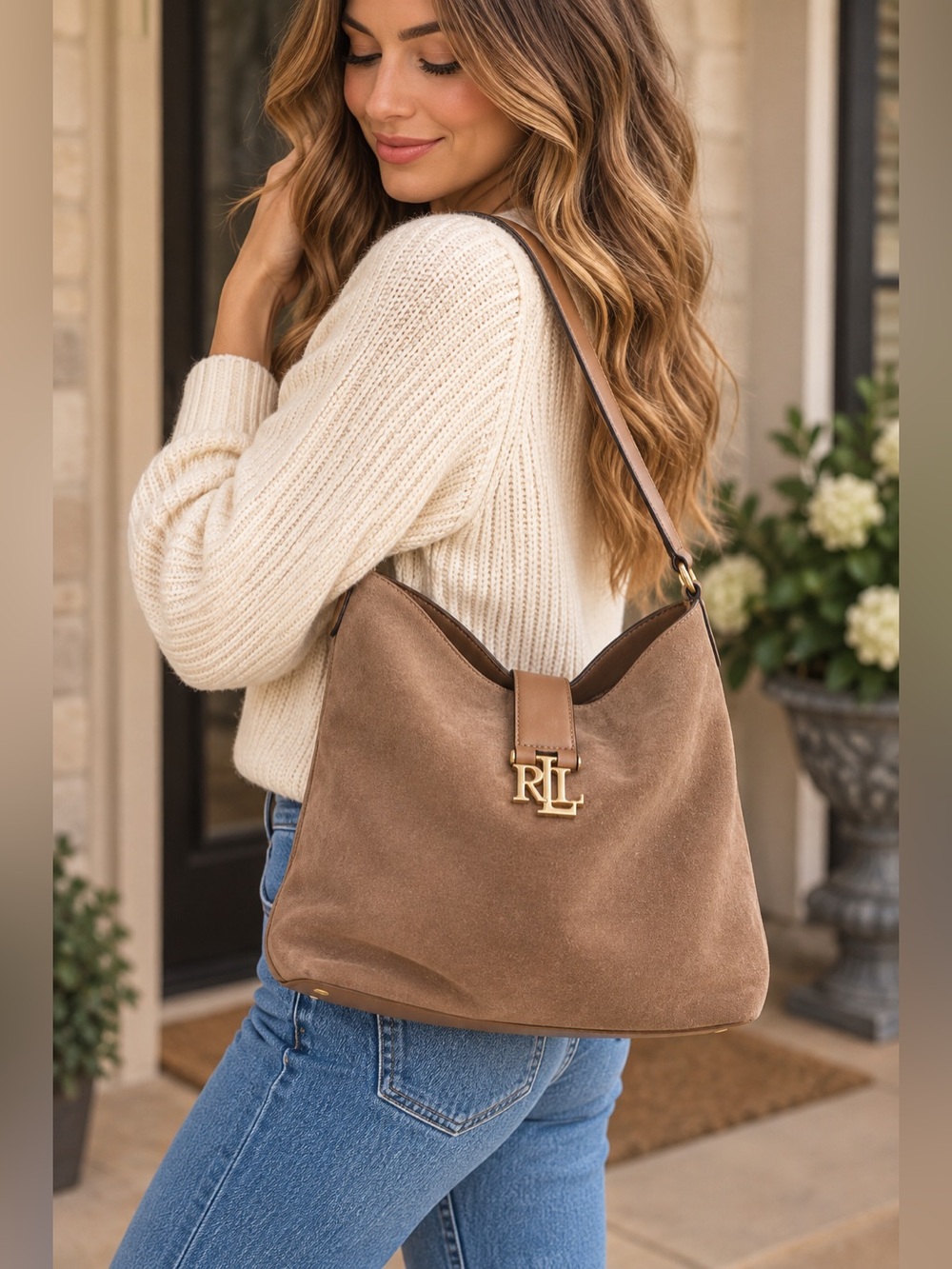 Lauren Ralph Lauren Brown Suede Hobo Shoulder Bag RL Logo